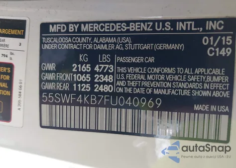 2015 Mercedes-Benz C 300 Sport 4Matic from USA, damaged, VIN 55SWF4KB7FU040969